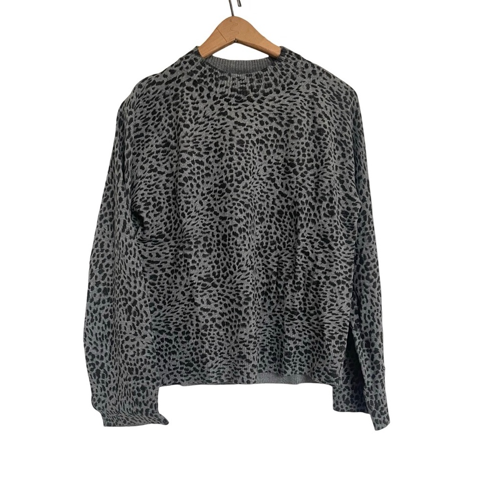 MONROW M Black Gray Leopard Mock Neck Long Sleeve Cotton Cashmere Sweater - Picture 2 of 6